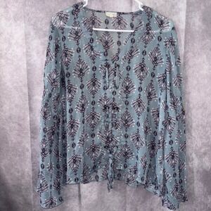 Eyeshadow Women's Medium Lace Up Grommet Blouse Blue Paisley Metallic Boho
